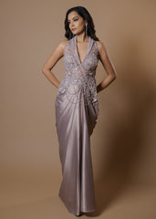 Elegant Lilac Evening Gown with Beaded Lace Bodice