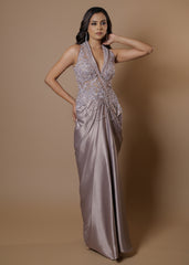 Elegant Lilac Evening Gown with Beaded Lace Bodice