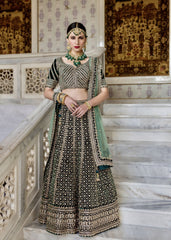 Dark Forest Green Velvet Gold Embroidered Lehenga Set