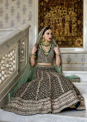 Dark Forest Green Velvet Gold Embroidered Lehenga Set
