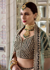 Dark Forest Green Velvet Gold Embroidered Lehenga Set