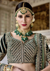 Dark Forest Green Velvet Gold Embroidered Lehenga Set