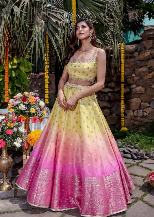 Yellow Pink Ombre Banarasi Lehenga Set