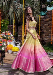Yellow Pink Ombre Banarasi Lehenga Set