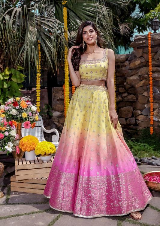 Yellow Pink Ombre Banarasi Lehenga Set