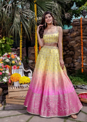 Yellow Pink Ombre Banarasi Lehenga Set