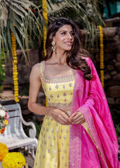 Yellow Pink Ombre Banarasi Lehenga Set