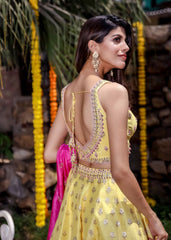 Yellow Pink Ombre Banarasi Lehenga Set