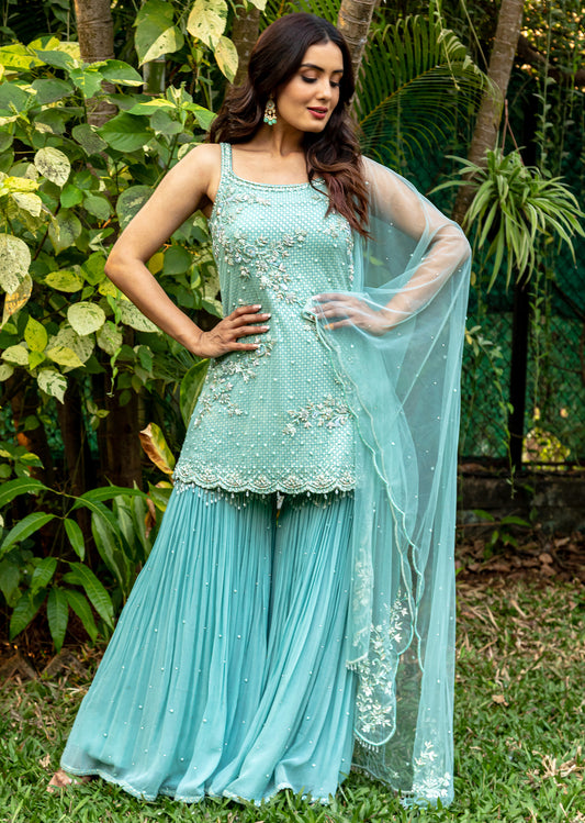 Cerulean Blue Beaded Garara Set