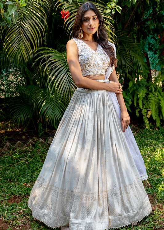 Ivory And Gold Jacquard Lehenga Set