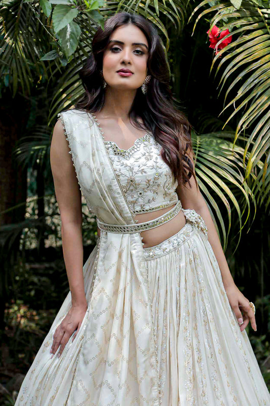 Ivory And Gold Chanderi Lehenga Set