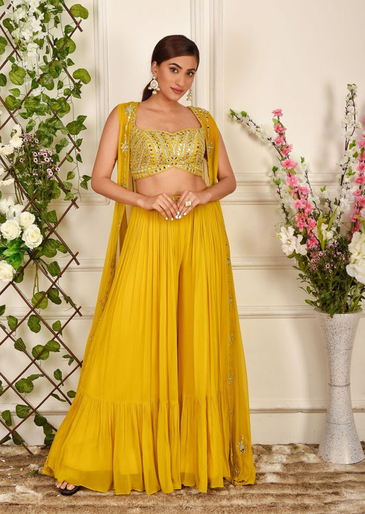 Yellow Mirrorwork Palazzo Jacket Set