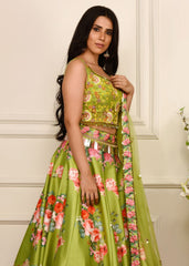 Lime  Green Floral Print  Lehenga Set