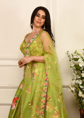 Lime  Green Floral Print  Lehenga Set
