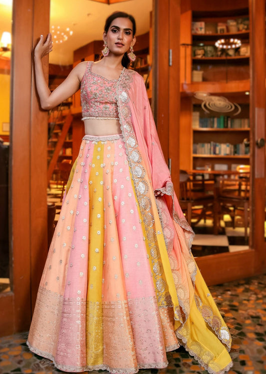 Yellow Peach Pink Benarasi Lehenga Set