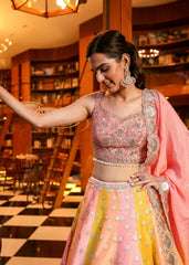 Yellow Peach Pink Benarasi Lehenga Set