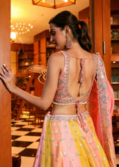 Yellow Peach Pink Benarasi Lehenga Set