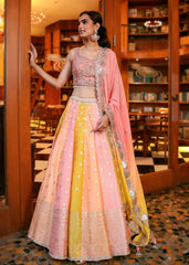 Yellow Peach Pink Benarasi Lehenga Set