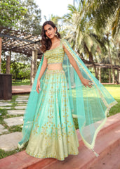 Mint Turquoise Shimmer Mirrorwork Lehenga Set