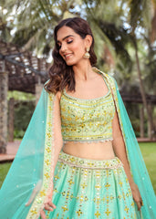 Mint Turquoise Shimmer Mirrorwork Lehenga Set