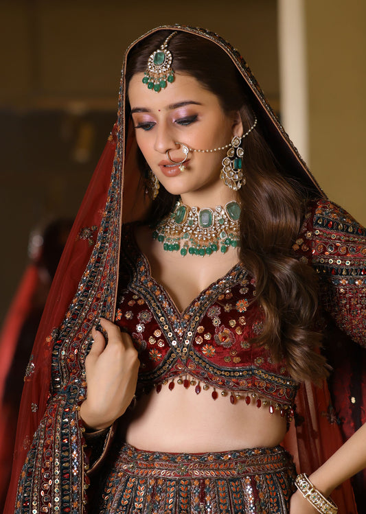 Deep Red Zardosi & Resham Hand-Embroidered Bridal Lehenga – Ruhani Raag