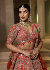 Orange-Red Zardosi, Sequin & Mirror Hand-Embroidered Bridal Lehenga – Saanjh Rekha