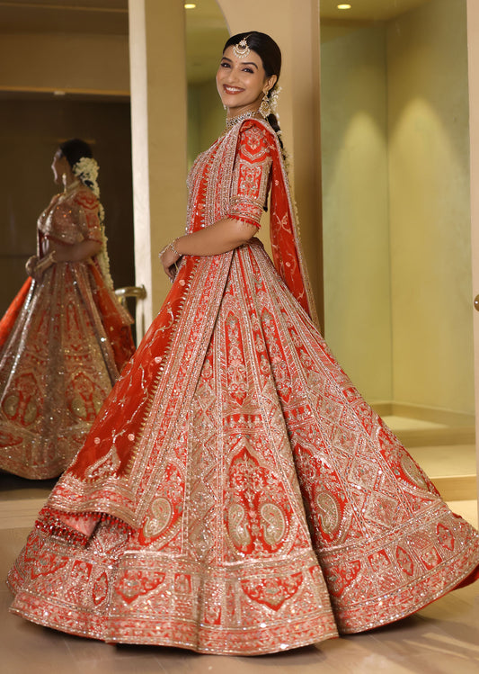 Orange-Red Zardosi, Sequin & Mirror Hand-Embroidered Bridal Lehenga – Saanjh Rekha