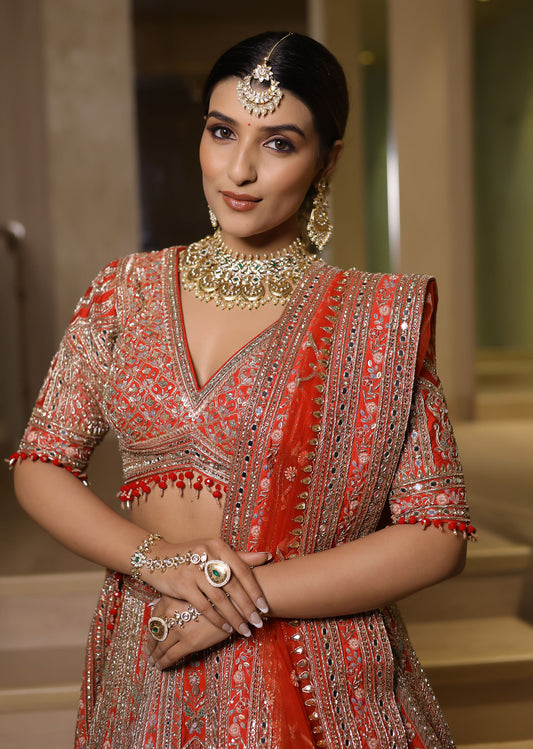 Orange-Red Zardosi, Sequin & Mirror Hand-Embroidered Bridal Lehenga – Saanjh Rekha