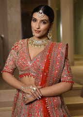 Orange-Red Zardosi, Sequin & Mirror Hand-Embroidered Bridal Lehenga – Saanjh Rekha