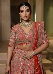 Orange-Red Zardosi, Sequin & Mirror Hand-Embroidered Bridal Lehenga – Saanjh Rekha