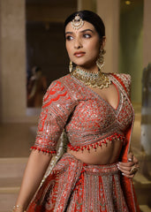 Orange-Red Zardosi, Sequin & Mirror Hand-Embroidered Bridal Lehenga – Saanjh Rekha