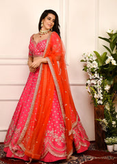 Hot Pink And Vermillion Zardozi Lehenga Set