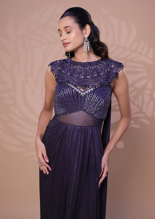 Metallic Navy Blue Saree Gown with Embellished Cape