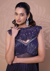 Metallic Navy Blue Saree Gown with Embellished Cape