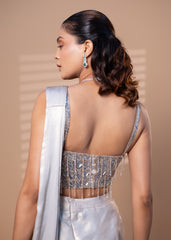 Metallic Grey Pre-Draped Saree with Embellished Blouse