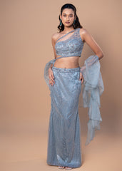 Ice Blue Net Mermaid Set with Bead & Sequin Embroidered Choli