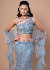 Ice Blue Net Mermaid Set with Bead & Sequin Embroidered Choli