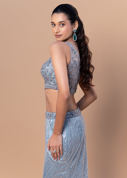 Ice Blue Net Mermaid Set with Bead & Sequin Embroidered Choli