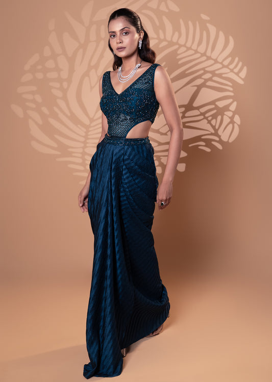 Teal Blue Satin Drape Gown with Bead & Sequin Detailing