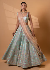 Mint Peach Bridal Embroidered Lehenga