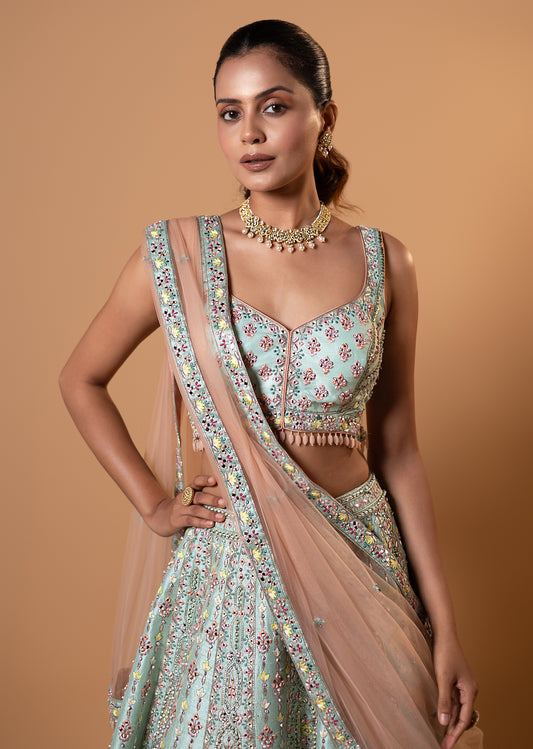 Mint Peach Bridal Embroidered Lehenga