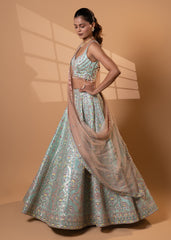 Mint Peach Bridal Embroidered Lehenga
