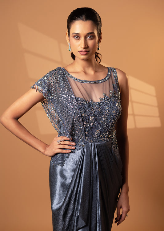 Charcoal Grey Cape Drape Gown