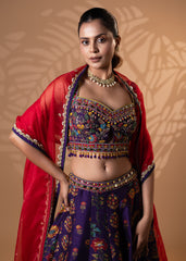 Purple Floral Lehenga with Red Dupatta