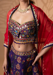 Purple Floral Lehenga with Red Dupatta