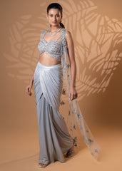 Silver Embellished Skirt Set with Trail Dupatta