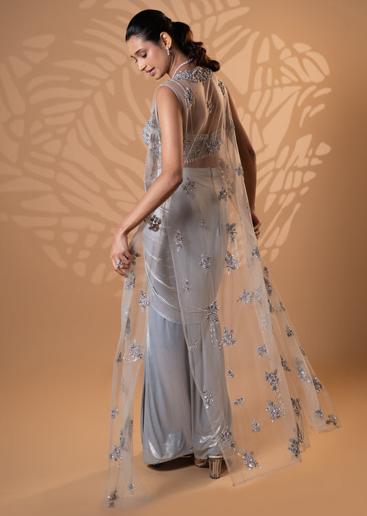 Silver Embellished Skirt Set with Trail Dupatta
