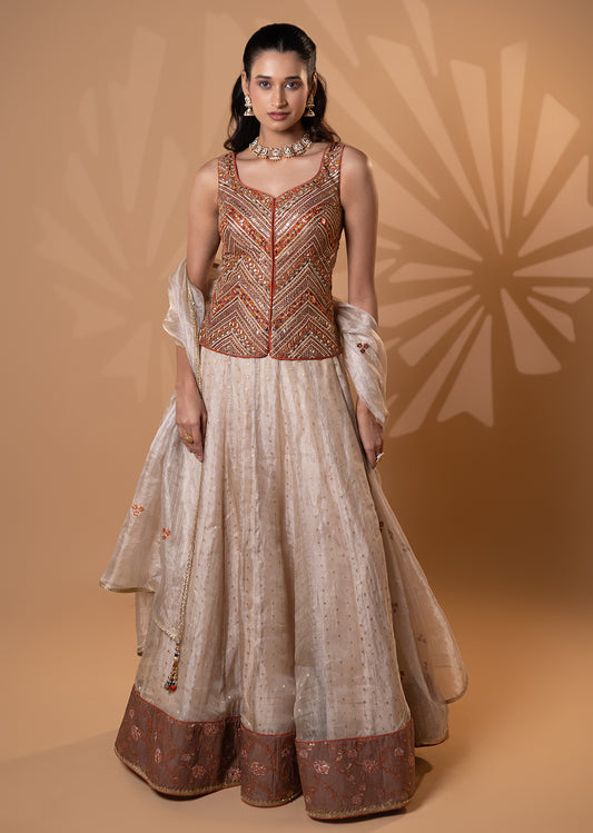 Beige and Rust Embroidered Lehenga Set