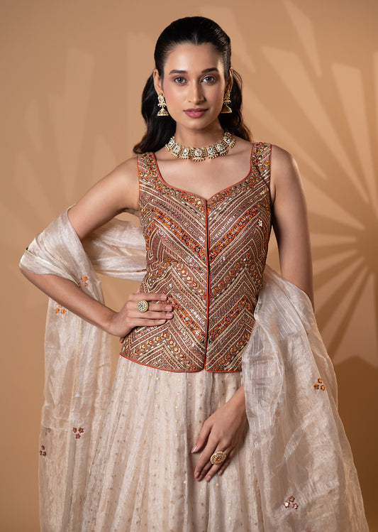 Beige and Rust Embroidered Lehenga Set