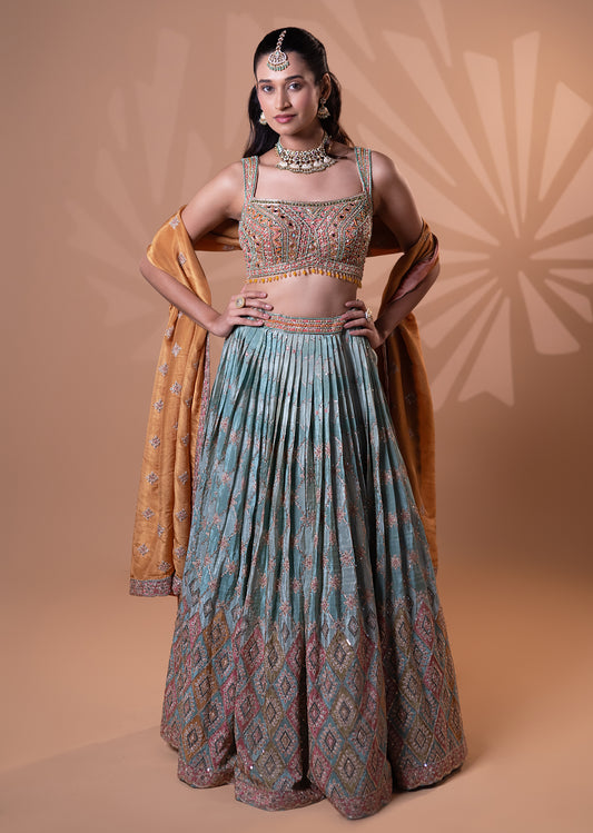 Teal Blue Embroidered Pleated Lehenga Set